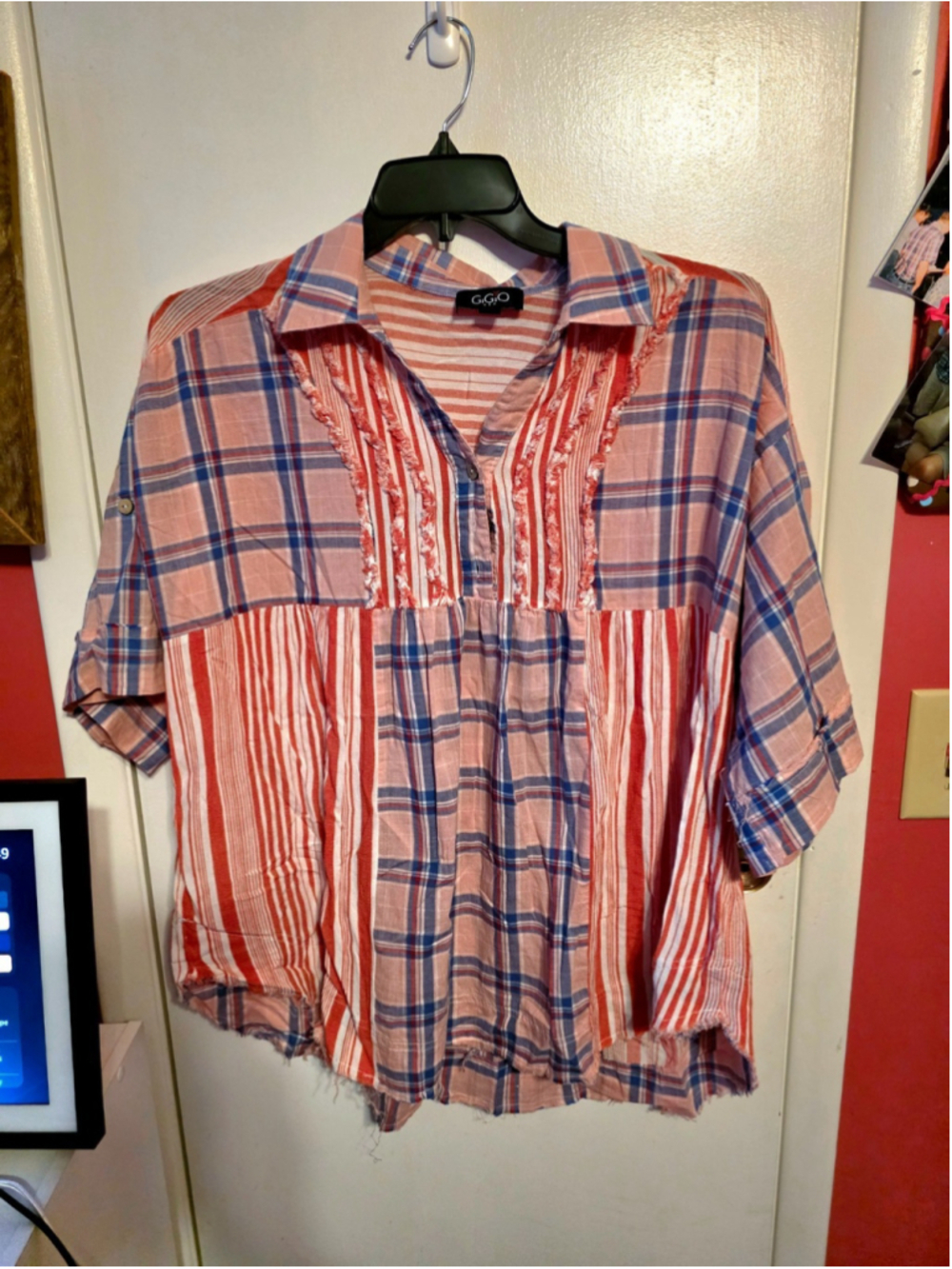 GiGio USA mixed plaid and stripe peasant blouse Size Small